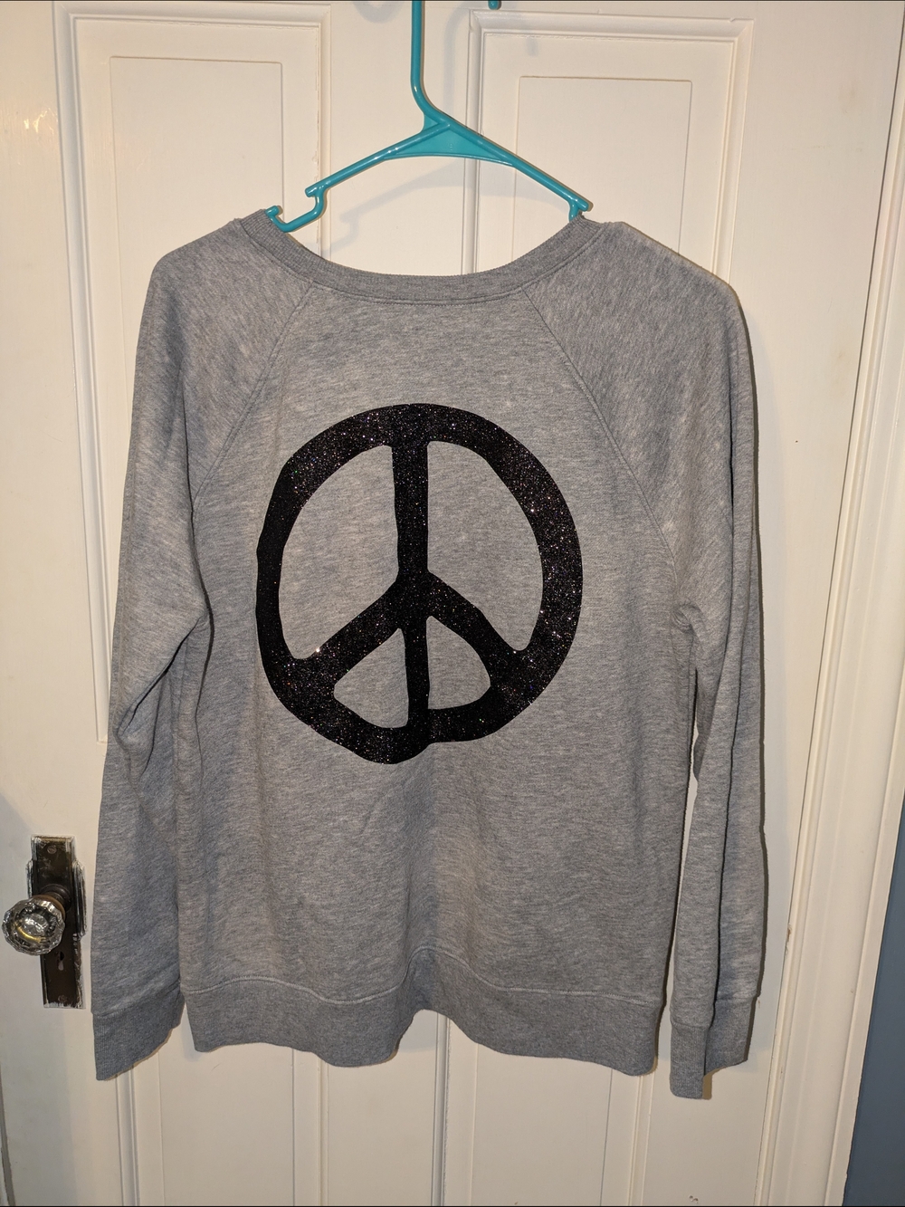 Women's Gray Crewneck Sweater with Black Glitter Peace Sign